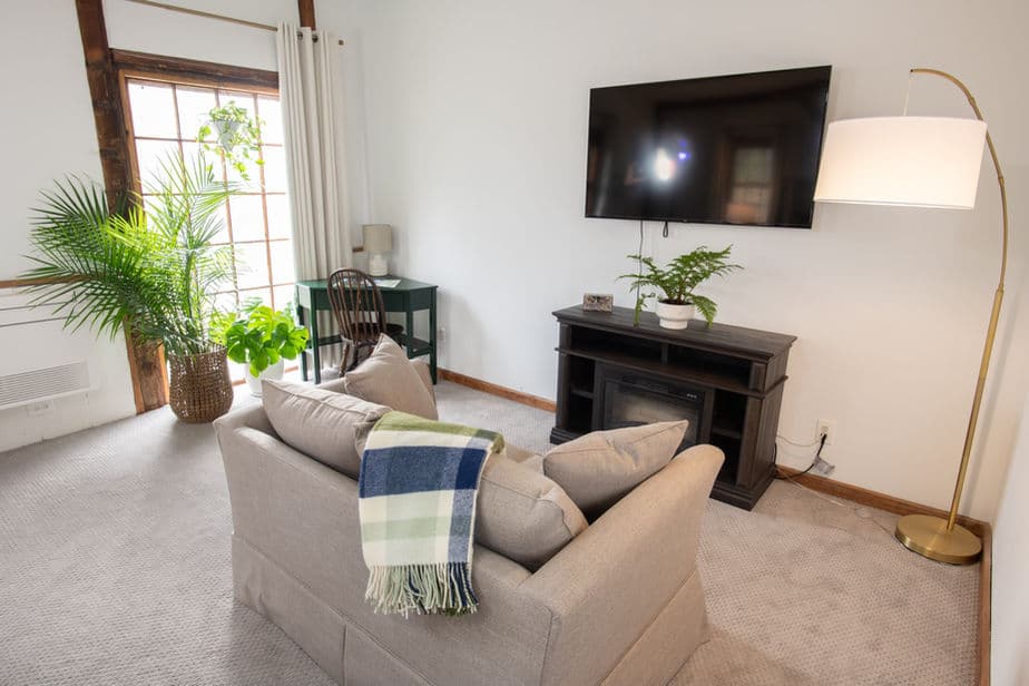 A cozy sitting area with natural sunlight, beige loveseat, flat-screen TV, and floor lamp.