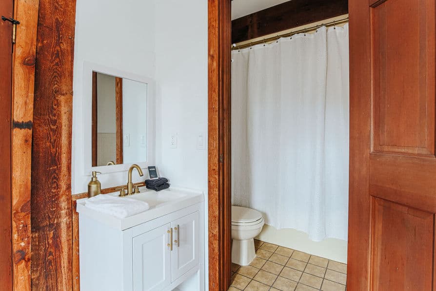 A doorway leads to the bathroom with toilet and shower. The sink is located in the bedroom.