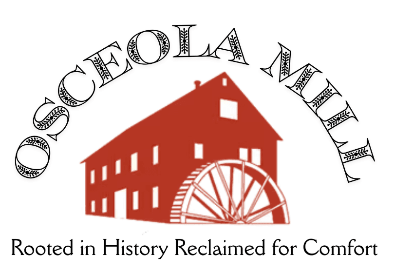 Logo of Osceola Mill featuring a red barn and water wheel with the tagline "Rooted in History Reclaimed for Comfort."