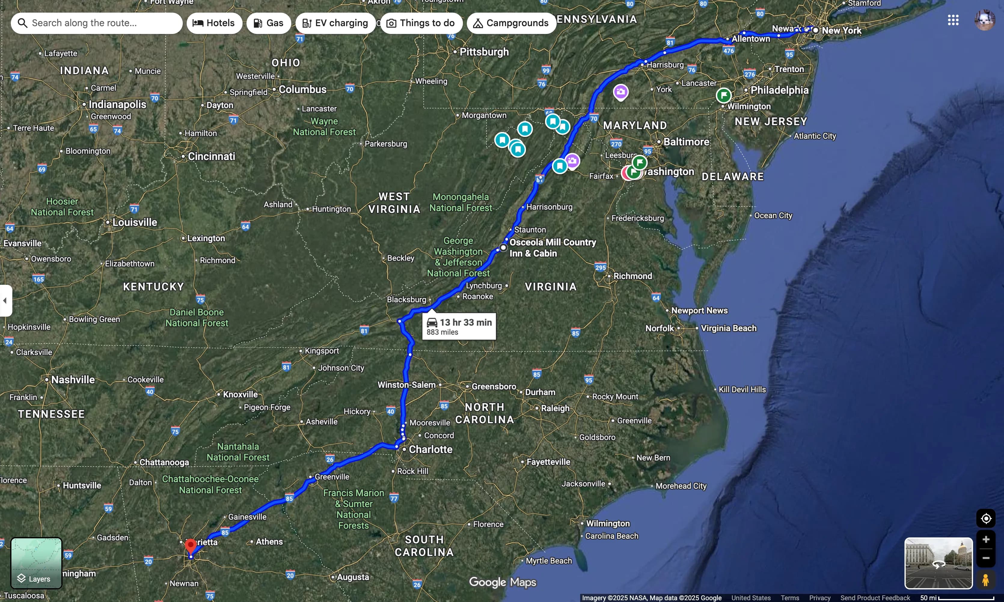 Map showing a route from Atlanta, Georgia, to various locations in the Northeast, including Maryland and New Jersey, with travel time indicated.